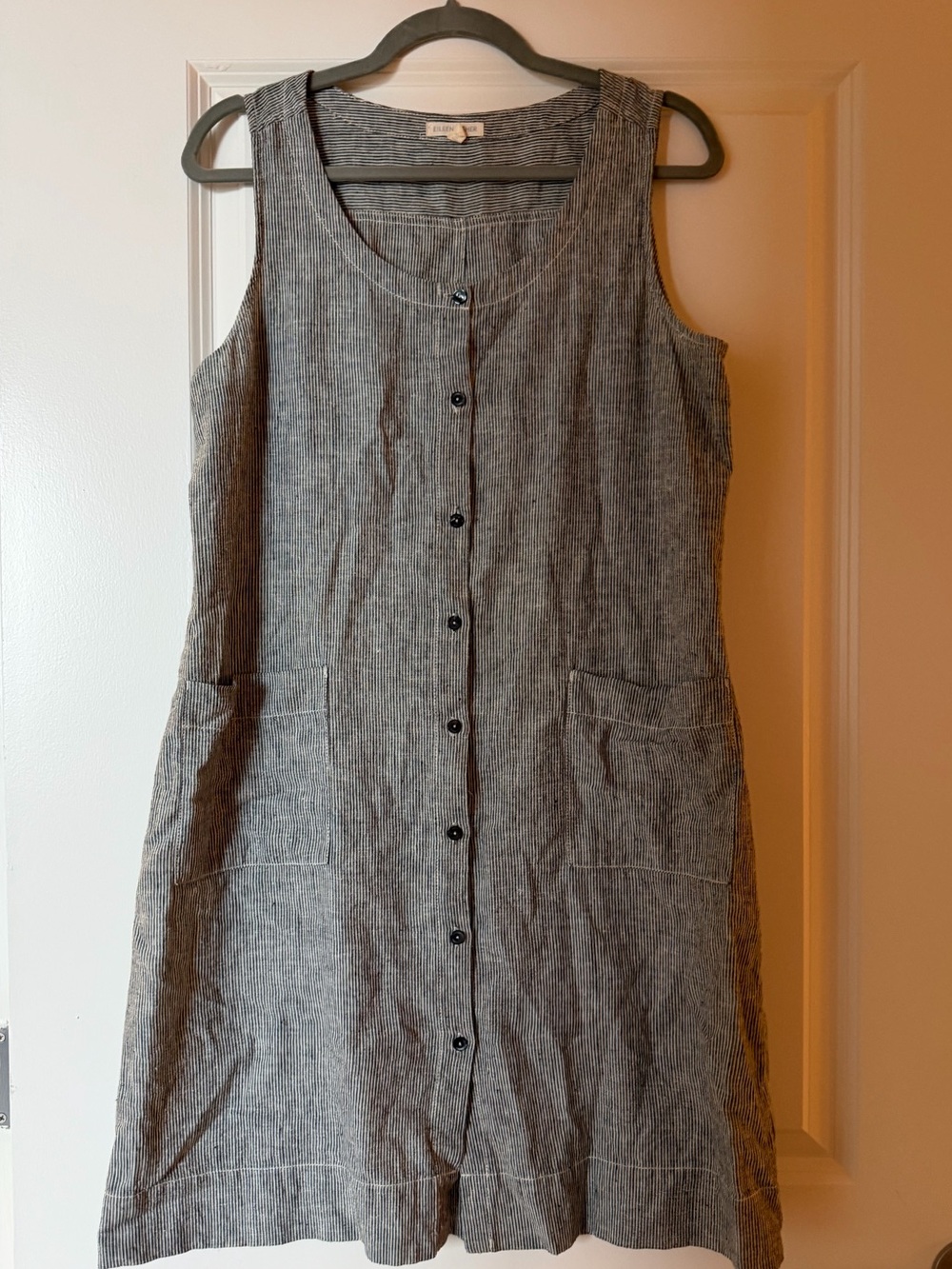 Eileen Fisher Gray Striped Sleeveless Button-Front Dress